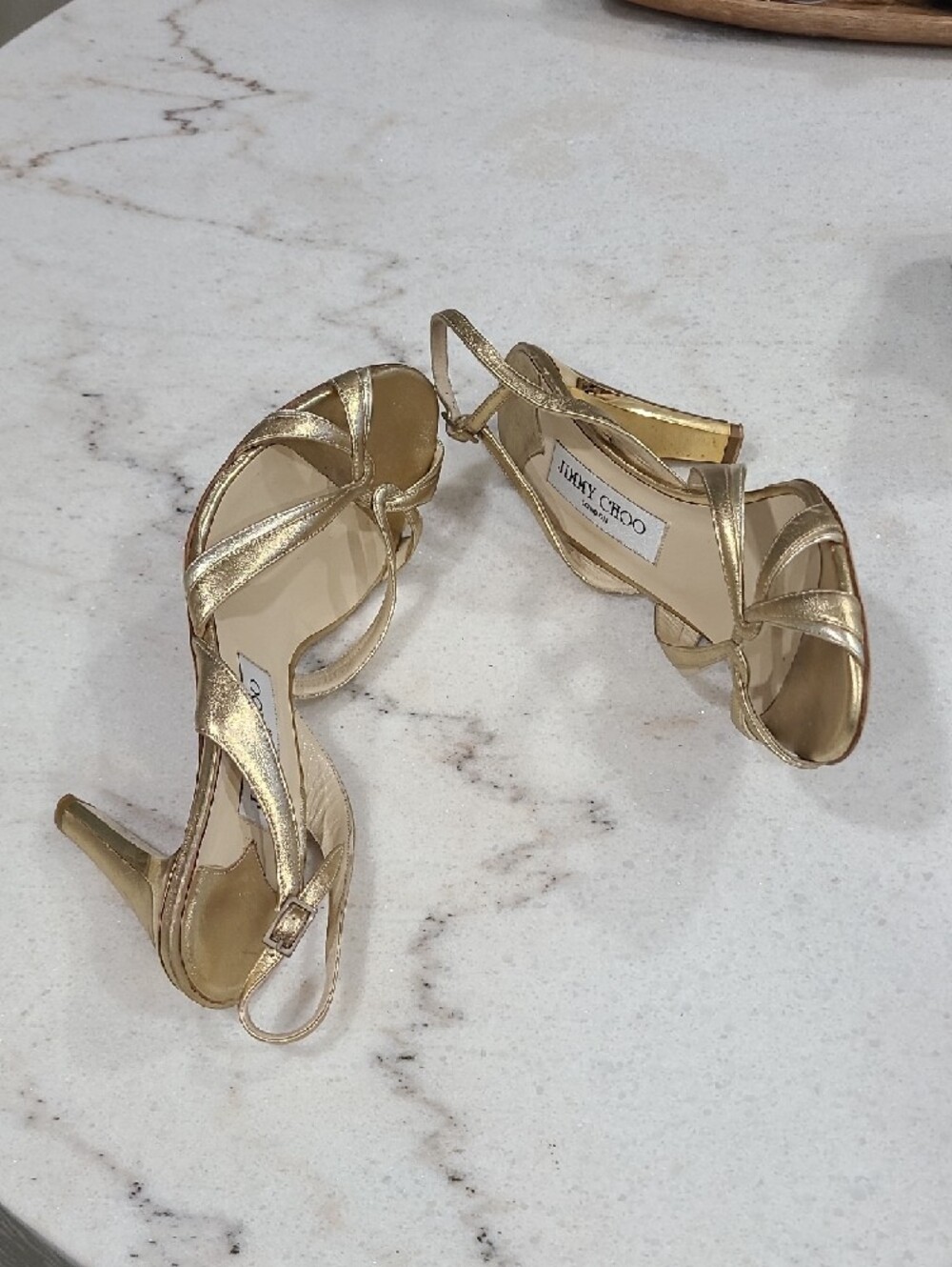 Jimmy Choo Metallic Gold Strappy Slingback Heels 3.5" Heel - Picture 2 of 9